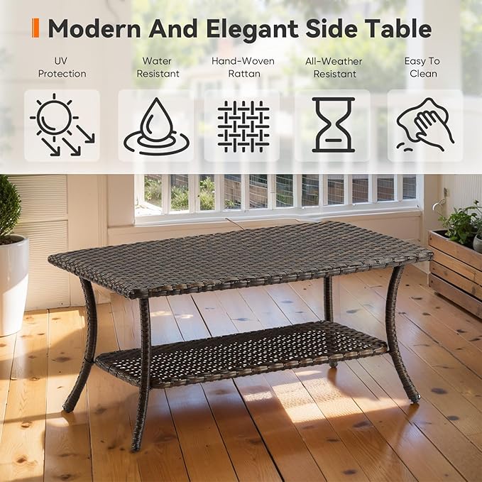 Wicker Outdoor Coffee Table,Rattan Outdoor Coffee Table with 2-Layer Storage Furniture Tables for Garden,Porch,Backyard
