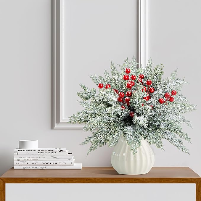 60 Pcs Artificial Christmas Snow Pine Branches with Red Berry Stems, Snowy Faux Greenery Norfolk Pine Cypress Leaves Stems, Berries White Frosted Fake Foliage Pine Needle Picks for Garland Home Decor