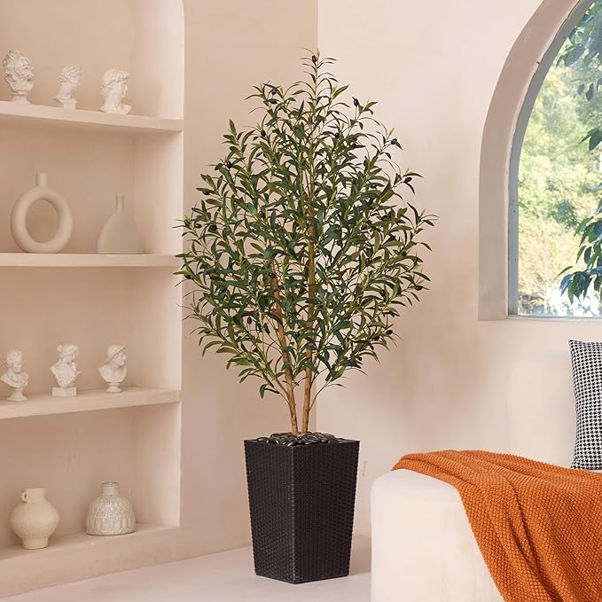 OAKRED Artificial Olive Tree 5FT Faux Olive Tree - Adjustable Branches UV Resistant with Black Taper Planter and Pebbles - Faux Plants Indoor for Living Room, Office Decor and Bedroom