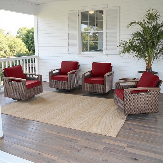 Rilyson 4 Piece Outdoor Patio Swivel Rocking Chairs, All Weather Wicker, Metal Armrest, Deep Seating, Thick Comfortable Cushions, Ideal for Deck Porch Backyard, Brown/Red