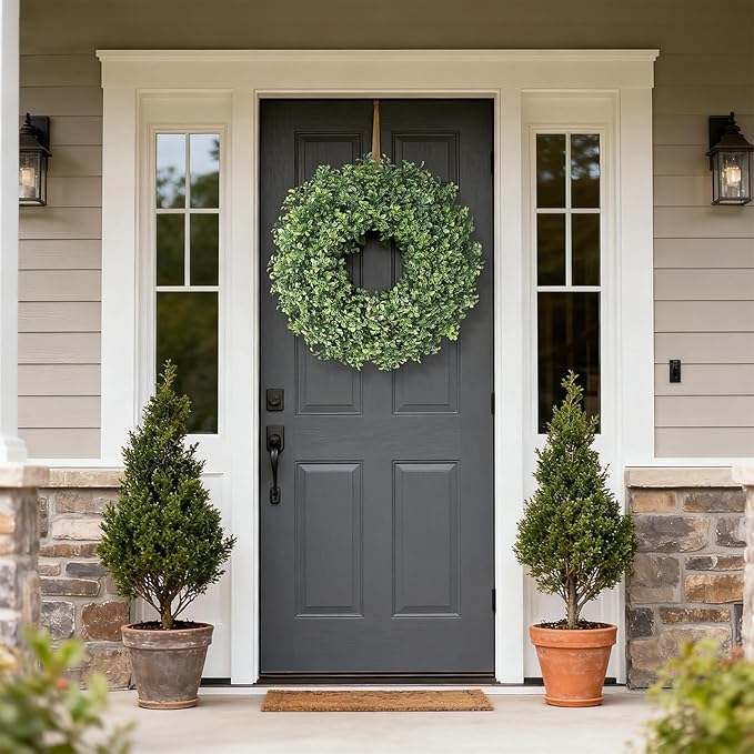 26" Artificial Boxwood Wreath for Front Door - Large Faux Aglaia Odorata Wreath, Fake Eucalyptus Leaves Plants for Wall Window Farmhouse Outdoor Decor - Spring, Summer, All Seasons (Green)