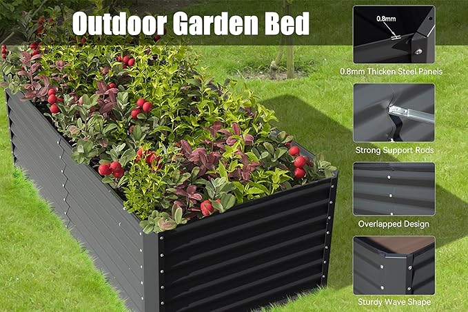 Domi 8×4×1.5 ft Galvanized Raised Garden Bed, Outdoor Planter Garden Boxes Large Metal Planter Box for Gardening Vegetables Fruits Flowers, Grey
