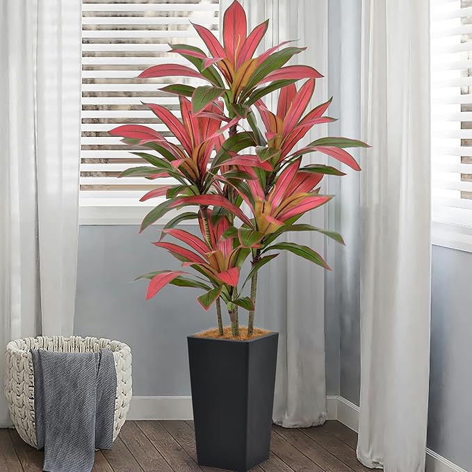 Roselywed Artificial Red Dracaena Tree 5FT with 90 Leaves & 6 Heads & Black Tall Planter Cover with Coconut Fiber Tall Faux Tropical Silk Bicolor Plant 60 Inch for Indoor Home Office Porch Mall Decor