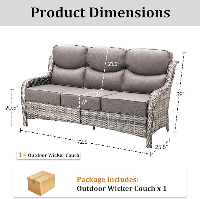 71'' Patio Couch Outdoor Wicker Sofa, Heavy Duty All-Weather Rattan 3-Seater Sofa with Deep Seating and Removable Cover, Outdoor Patio Furniture for Deck Porch Sunroom Backyard Grey