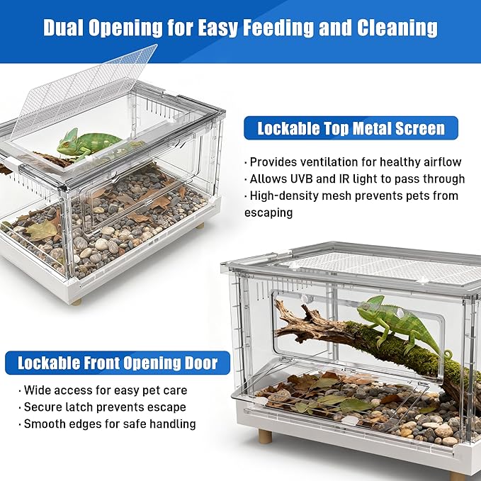 Foldable Reptile Terrarium, 30 Gallon Bearded Dragon Tank Fully Transparent Reptile Enclosure, 28"x17"x16" Front Opening Snake Enclosure Cages with Metal Mesh Roof for Lizard Gecko Spider Turtles