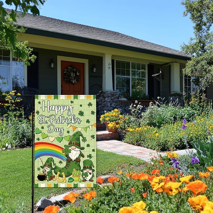 Happy St Patricks Day Garden Flag 12x18 Inch Double Sided,Gnome Lucky Shamrocks Outdoor Irish Decor House Porch Flag for St Patrick's Day Party and Yard Decorations