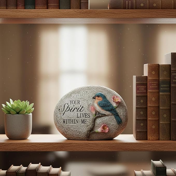 Bluebird Memorial Garden Stone Decoration,Sympathy Gift for Loss of Loved One,Outdoor Tribute Plaque with "Your Spirit Lives Within Me" Engraving,Spirit inspirational Memorial blue bird figurine