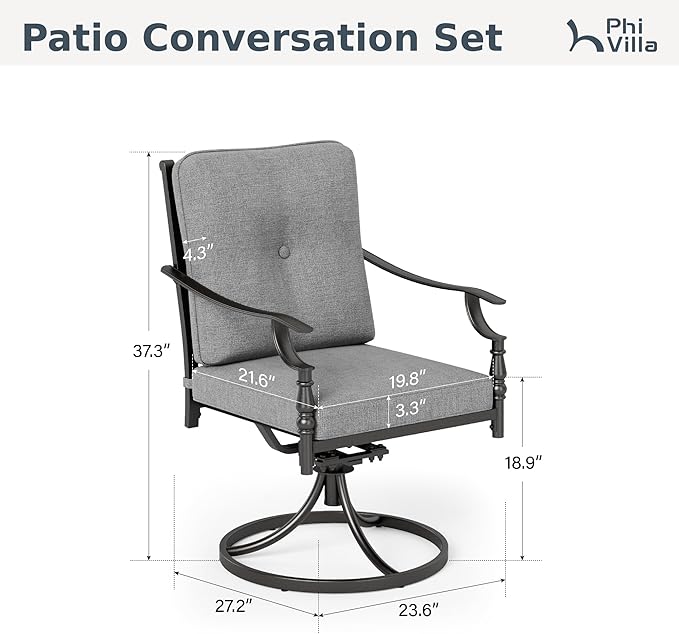 PHI VILLA Outdoor Steel Swivel Dining Chairs Set of 4, Heavy-Duty Rustproof Black Wrought Iron Armchairs with Thick Cushions, Large Seating Furniture for Patio, Deck, Backyard, Porch
