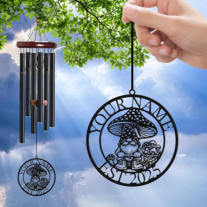 Personalized Customize Name Gnome Wind Chime, Metal Iron 37 Inch Outdoor Memorial Gift for Garden Yard Patio Home Decor, Black,Christmas (Style E)