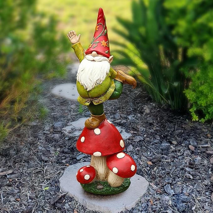 DUSVALLY Gnomes Statue and Garden Resin Statue Dwarf Standing on Mushroom, Outdoor Decoration for Patio Yard Lawn Porch, Spring Decor Housewarming 13" H