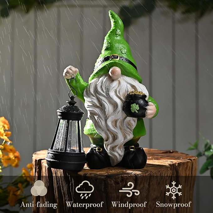 TERESA'S COLLECTIONS St Patricks Decorations for Outdoor Decor, Resin Garden Gnome Holding Lantern with Solar Lights for Porch,Shamrock Leprechaun Figurine for Outside, Irish Gifts for Home,10"