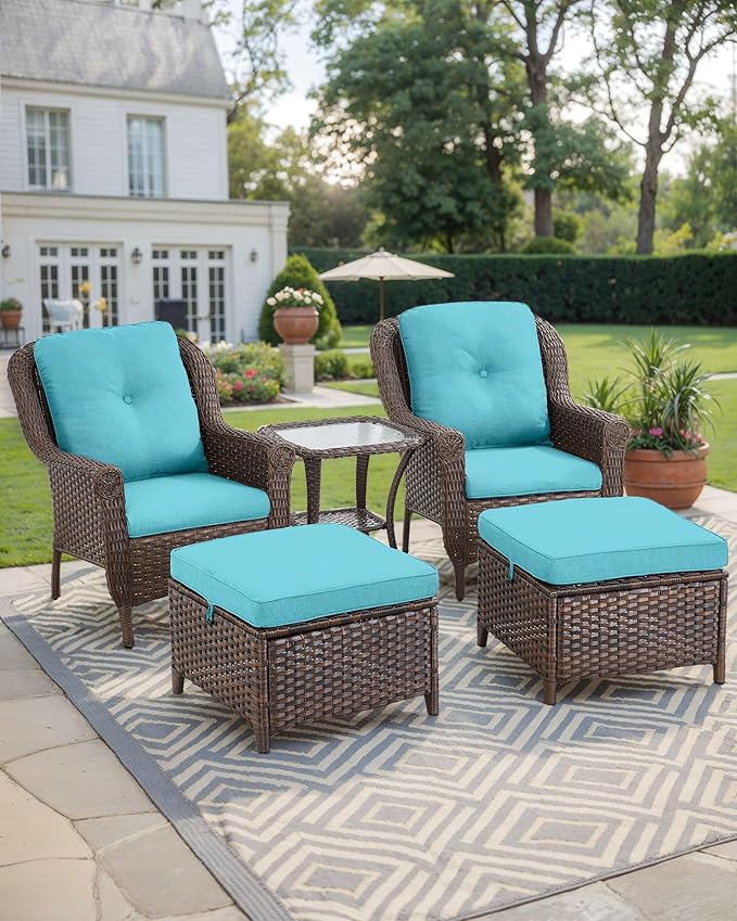 3 Piece Patio Brown Wicker Chairs with Side Table - Outdoor High Back Heavy Duty All-Weather Lawn Dining Rattan Chair Conversation Bistro Set for Deck Porch Balcony Backyard Garden - Turquoise