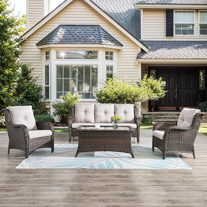 Belord Outdoor Wicker Furniture 5 Pieces Patio Furniture Set Patio Wicker Chairs with Ottomans Conversation Set for Porch Garden Deck Balcony Poolside