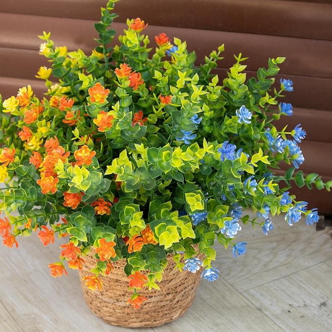 BCBLF Artificial Flowers Outdoors, 12 Bundles Fake Flowers UV-Anti for Decoration Faux Plastic Plants Garden Porch Window Box Décor, YellowPurpleBlueGreen