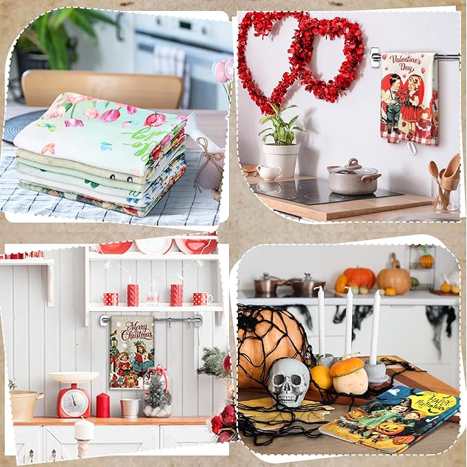 FuWeave 12 Pcs Seasonal Kitchen Towels Set for All Holidays Hand Dish Tea Towels Gift Bulk Valentine's Day Absorbent Dishcloths Housewarming Gift for Cooking Kitchen Bathroom(Vintage Style)