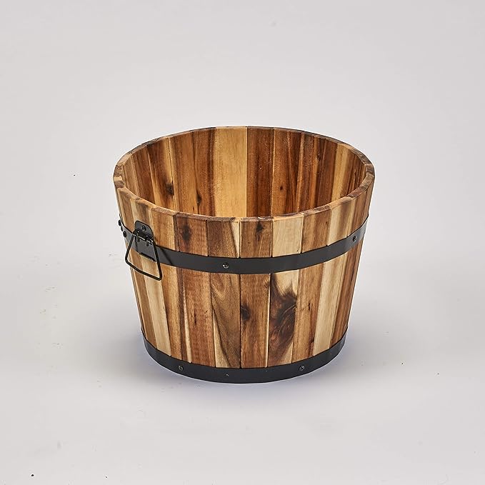 Worth ImportsWood Barrel Planter with Handles, Natural Oil 15" x 15" x 10"