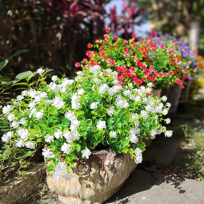 Grunyia 12 Bundles Artificial Flowers for Outdoors, UV Resistant Fake Flowers with Plastic Plants, Faux Flowers for Outside Window Box Front Porch Hanging Planter Decor (White)