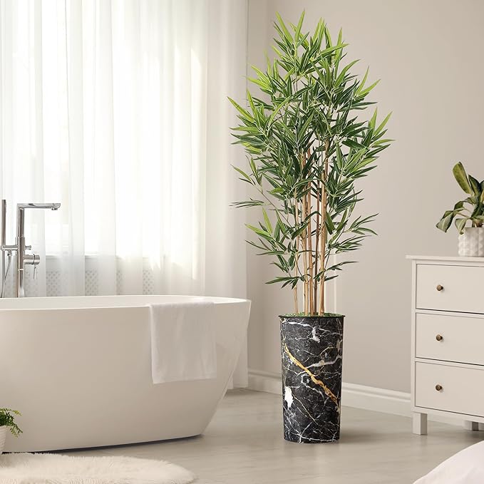 Artificial Tree in Modern Granite Effect Planter, Fake Bamboo Silk Tree for Indoor and Outdoor Home Decoration - 70" Overall Tall (Plant Pot Plus Tree)