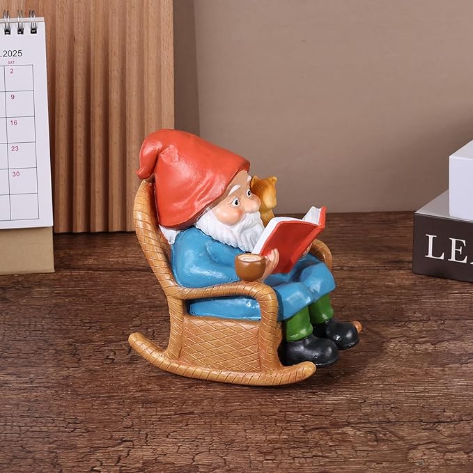 Garden Gnome Statue – Resin Gnome Figurine Reading Book Sculpture with Cat, Hand-Painted Outdoor Decoration for Patio, Lawn, Yard, or Porch, Whimsical Garden Ornament Gift