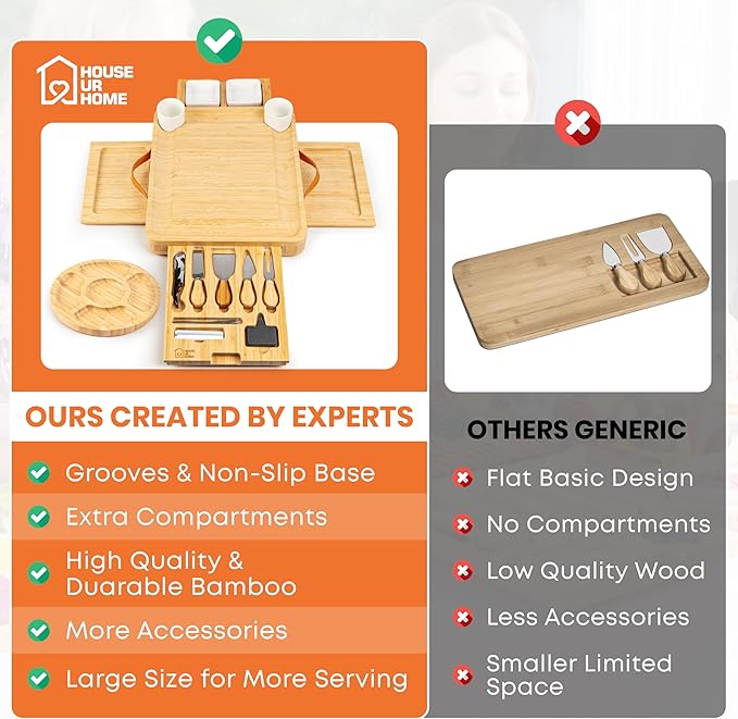 Large Charcuterie Board Gift Set - Bamboo Cheese Board with 4 Drawers, Knives & Ceramic Bowls - Perfect Valentine's Day Gifts for Her, Date Night, Anniversary & Housewarming Gift for Couples