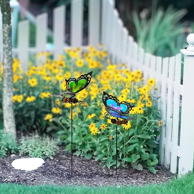 Voumsil Butterfly Garden Stakes,Butterfly Kit Made of Glass and Metal,Colorful Butterflies Garden Decorations Can Make The Garden Full of Color and Vitality. (Blue and Green)