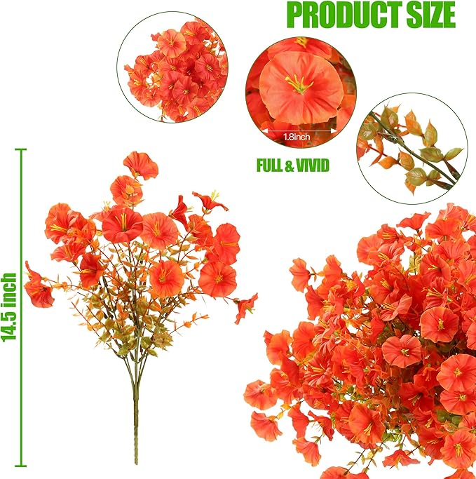 Artificial Flowers for Outdoors 12 Bundles Realistic Faux Plants UV Resistant Fake Silk Morning Glory with Eucalyptus for Front Door Planter Patio Porch Fall Thanksgiving Autumn Decoration (Orange)