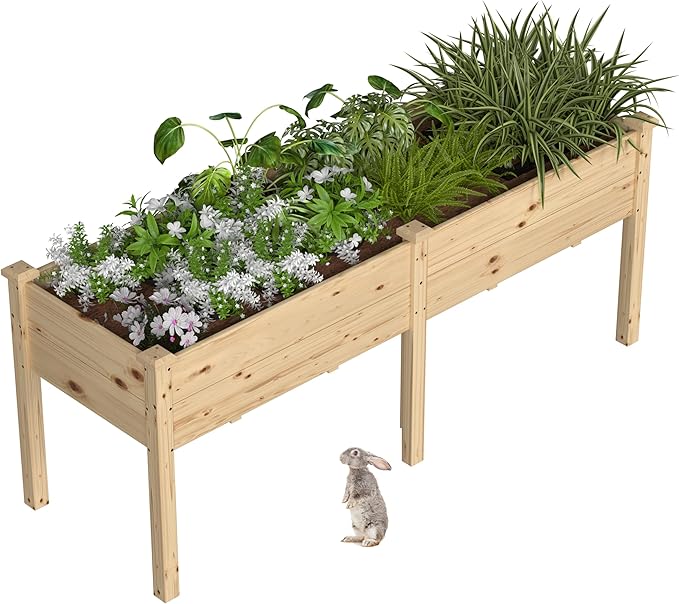 72x23x30in Raised Garden Bed with Legs, Outdoor Elevated Wood Planted Box with Divider Panel & Drainage Hole for Vegetable Flower, Backyard and Patio, Natural