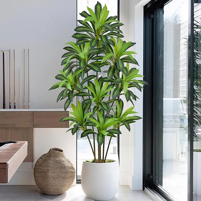 Roselywed Artificial Dracaena Tree 7FT with 171 Leaves & 9 Heads Tall Large Fake Faux Tropical Silk Yucca Plant 84 Inch Glossy Thick Leaves Black Pot for Indoor Home Office Porch Mall School Decor