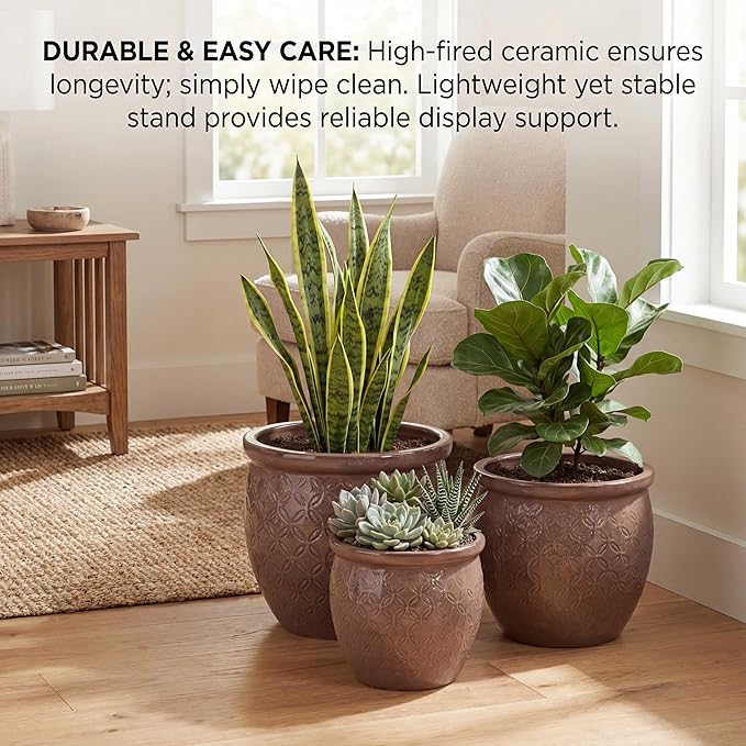 Set of 3 Ceramic Flower Pots, 9+12+15 Inches Modern Planters for Indoor Outdoor, Garden Patio Windowsill Decor with Drainage Hole-Antique Yellow