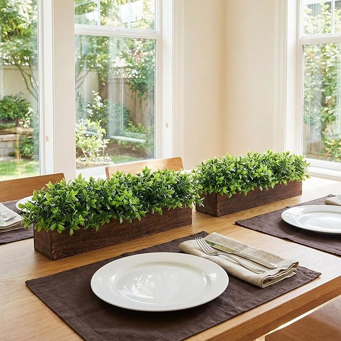 Lyrow 2 Pack Artificial Eucalyptus Plant in Rectangular Rustic Wooden Planter Box Faux Potted Herb Plant Table Centerpiece for Kitchen Windowsill Shelf Decor (Brown,24 '')