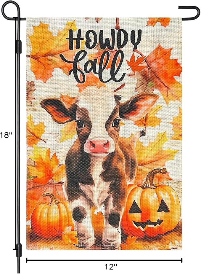 Halloween Howdy Fall Cute Cow Burlap Garden Flag,12x18 Inch Double Sided Pumpkins Maple Leaf Outside Small Yard Outdoor Flags, Holiday Autumn Thanksgiving Seasonal Porch Decoration
