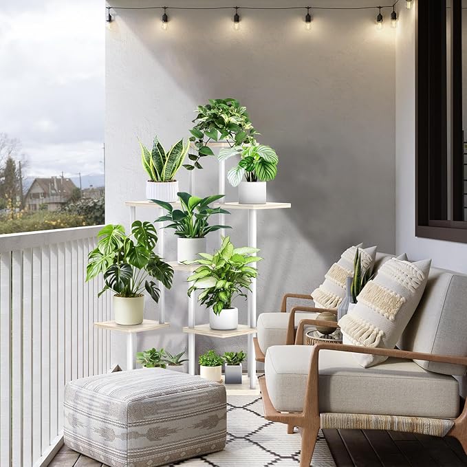 YOCOMEY 7 Tier Wood Tall Plant Stand Metal Rack Indoor, Multiple Flower Pot Holder Shelves Corner Rack, Planter Shelf Display Rack Storage Organizer for Patio Living Room Balcony Garden(White Oak)