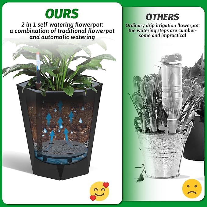 Set of 2 Tall Planters for Outdoor Plants, 16" Large Planter Pots with Drainage Holes & Water Level Monitor, Self-Watering Flower Pots for Patio, Porch, Garden, Front Door Decor, Indoor Outdoor