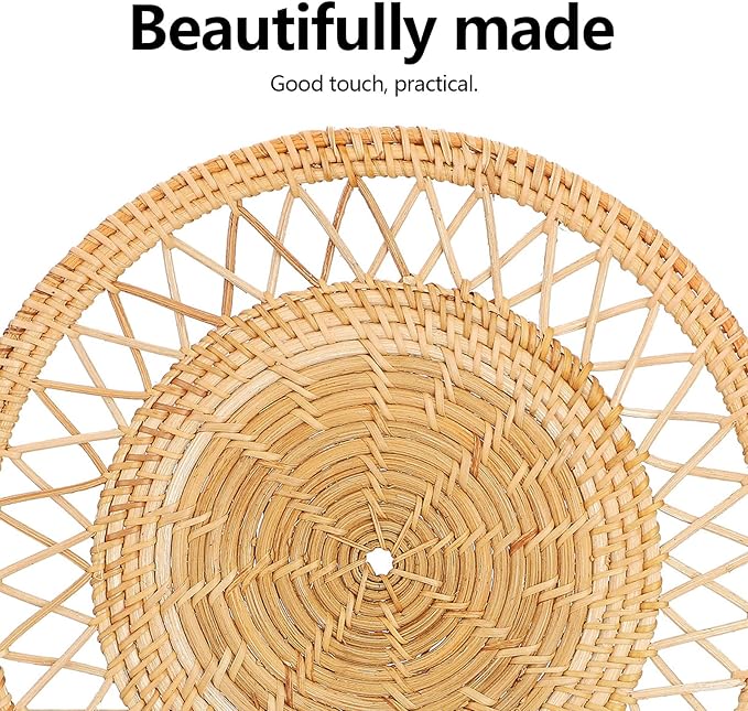 Boho Wall Basket Decor Set: Round Rattan Wall Decor, Hanging Basket, Flat Woven, Flower Shape, Khaki, 13"L x 13"W, Unisex, Indoor, Living Room