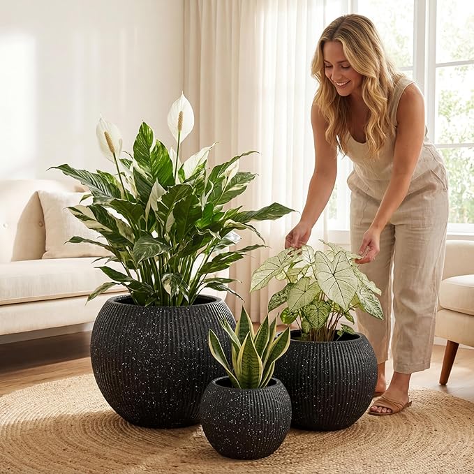 DTY Signature Mount Sherman 12.6''D x 9.8''H Modern Indoor Outdoor Fiberstone Sphere Planter, Durable Round Garden Pot, Weather Resistant, Drainage Hole & Rubber Plug (Ribbed Black, Small)