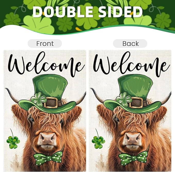 Welcome St Patricks Day Garden Flags for Outside, Highland Cow with Green Hat Lucky Shamrocks Yard Decoration, Small Seasonal Irish Outdoor Decor for Farmhouse Holiday,12x18 Inch Double Sided