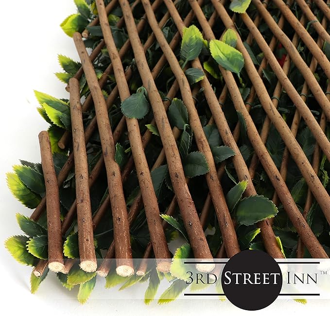 3rd Street Inn™ Leaf Trellis - Bamboo Greenery Panel - Boxwood and Ivy Privacy Fence Substitute - DIY Flexible Fencing (1, Red Rose Rattan)