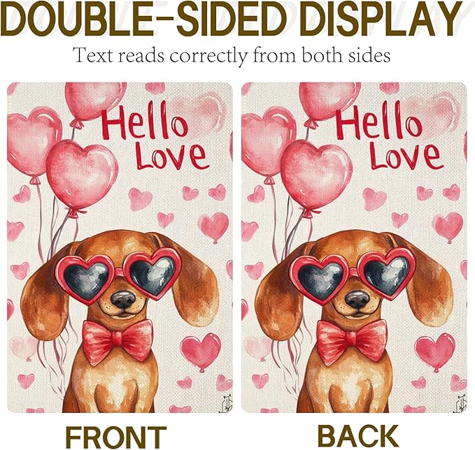 Valentine's Day Dachshund Hello Love Garden Flag, House Yard Plaid Love Heart Outside Decoration, Spring Holiday Wedding Anniversary Outdoor Small Decor 12x18(12645)