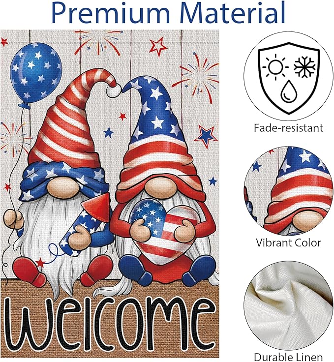 4th of July Garden Flag 12x18 Double Sided Vertical Small Burlap Welcome Patriotic Gnome Independence Day Memorial Day Yard Outdoor Decoration