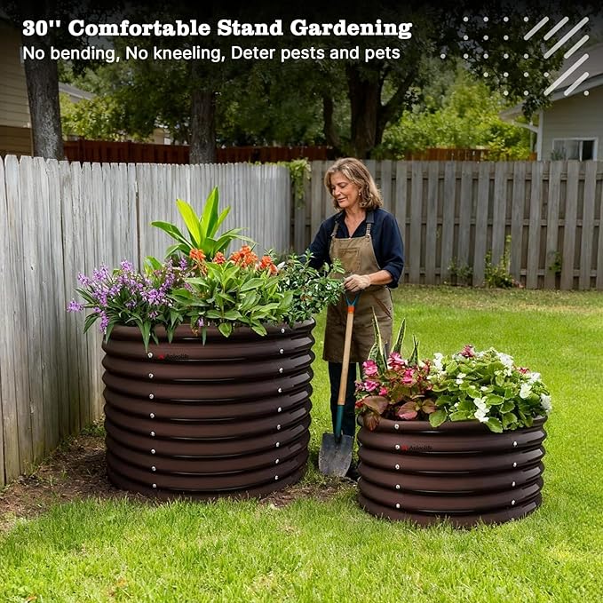 A ANLEOLIFE 30" Extra Tall Galvanized Raised Garden Beds Outdoor, 3x2.5ft Round Metal Planter Boxes for Planting Vegetables, Flowers, Fruits, Eco-Safe & Easy Setup, CaféBronze