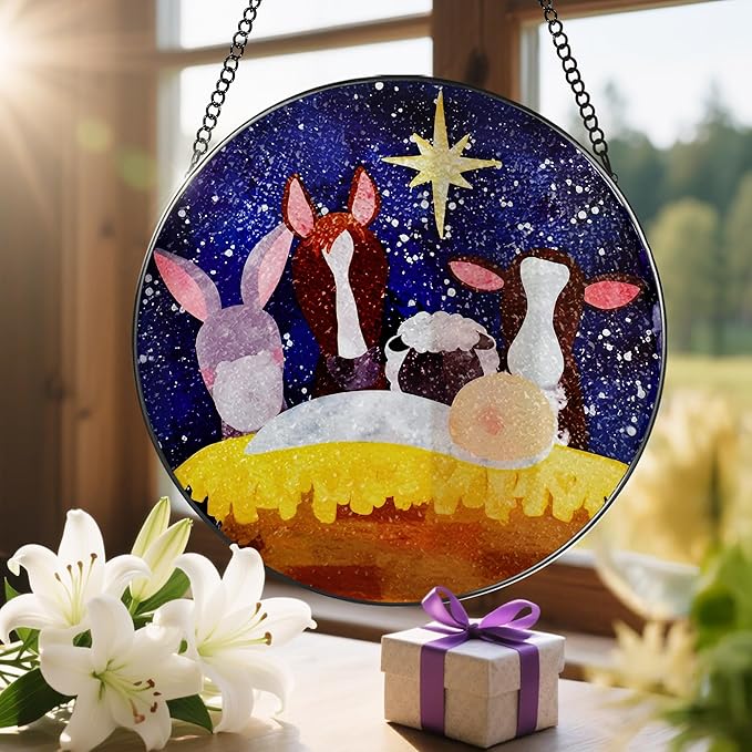 8 Inches Christian Stained Glass Suncatcher, Stained Glass Window Hanging Decor, Nativity Scene Ornament, Religious Home Decor, Christian Gift, Religious Gift, Gifts for Christmas