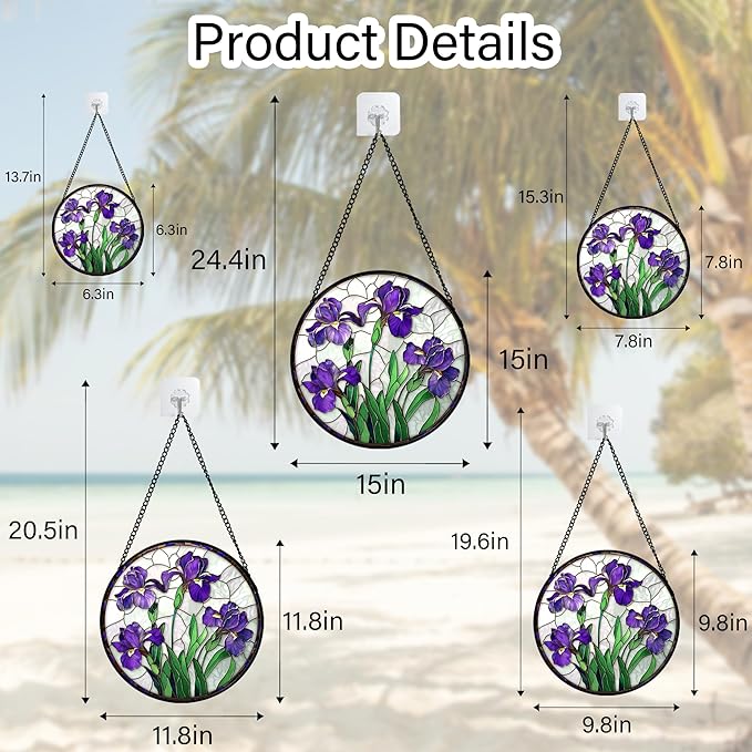 Stained Glass Window Hanging - Purple Iris Flower Sun Catcher for Door Terrace Garden Home Decor, Green Plants Suncatcher Birthday Gifts for Lovers Women Men Dad Mom Nana 6.3 in