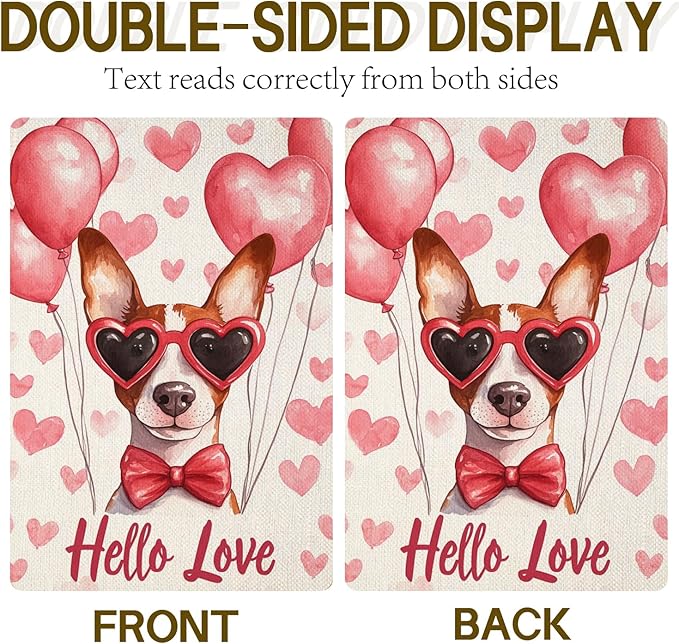 Valentine's Day Basenji Hello Love Garden Flag, House Yard Plaid Love Heart Outside Decoration, Spring Holiday Wedding Anniversary Outdoor Small Decor 12x18(12615)
