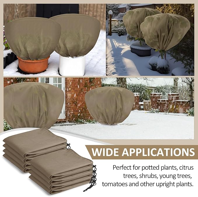 Wesnoy 6 Pcs Winter Plant Covers Freeze Protection 39.4x23.6 Inch Horizontal Shrub Tree Rose Plant Protection Bags Frost Blanket with Drawstring for Fall Winter Outdoor Garden Planting (Brown)