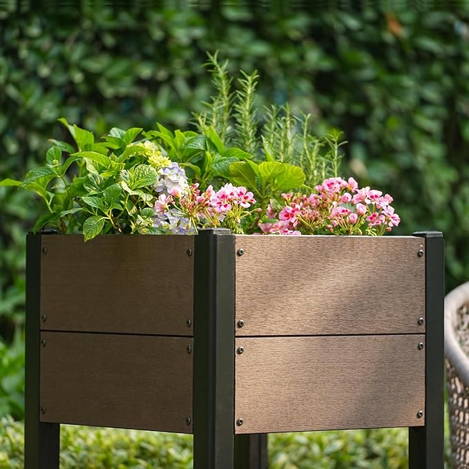 19" l x 33"h HDPE Elevated Garden Bed with Storage Shelf - Wood Grain Finish, All-Weather Standing Planter Box with Sturdy Black Aluminum Frame for Vegetables, Herbs on Patio, Balcony & Outdoors