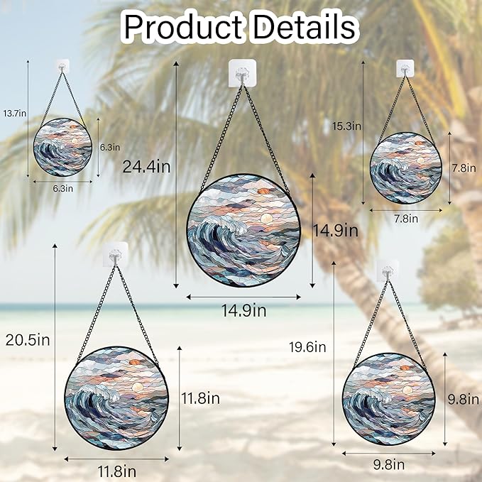 DASTOLL Stained Glass Window Hanging, Sunrise Waves Sun Catchers Diamond Glass Panel Hangings Abstract Suncatcher Decor for Birthday for Women, Men, Wife, Aunt, and Mom 14.9x14.9 in