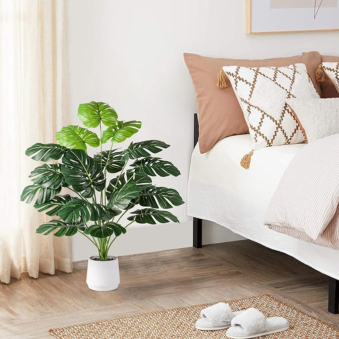 28'' Fake Plants Large Artificial Monstera Faux Plants Indoor Tall Plant, with White Planter Ideal, for Home Living Rooms, Patios, Porches, Bathrooms, and Outdoor Decor