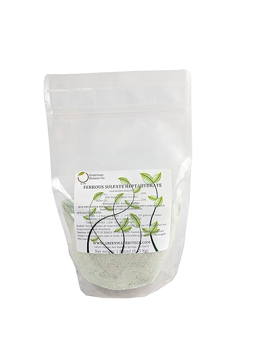 Greenway Biotech, Inc. Ferrous Sulfate Heptahydrate Fertilizer Includes 20% Iron (Fe) 12% Sulfur & 100% Water Soluble Powder- Organic Lawn Fertilizer for Vegetables and Plant Growth - 1 Pound