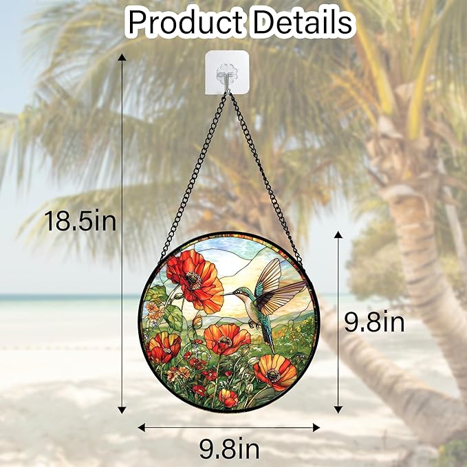 DASTOLL Stained Glass Window Hanging, Hummingbirds Orange Flowers Suncatcher Diamond Glass Panel Hangings Sun Catchers Decor for Birthday for Women, Men, Wife, Aunt, and Mom 7.8 in