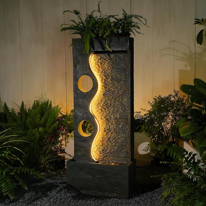 46.8" H Water Fountain Outdoor Water Fall Fountains Indoor Waterfall Modern Fountain with LED Lights Floor-Standing for Outside Garden, Patio, Backyard, Deck, Porch, Landscaping, Balconies